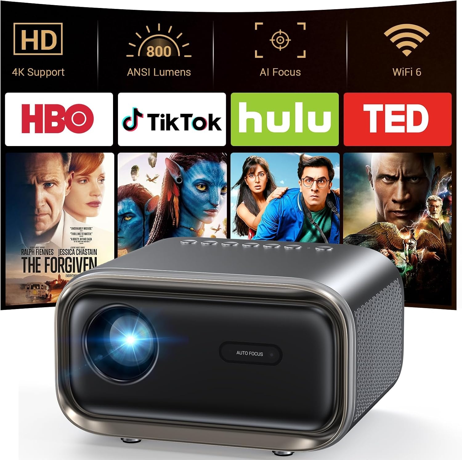 Projector with WiFi and Bluetooth: [Auto Focus/Keystone] - NICPOW Full HD 1080P 4K Supported Portable Bluetooth Projector for Gaming Devices and Phones - Ideal for Indoor Outdoor Use - Grey